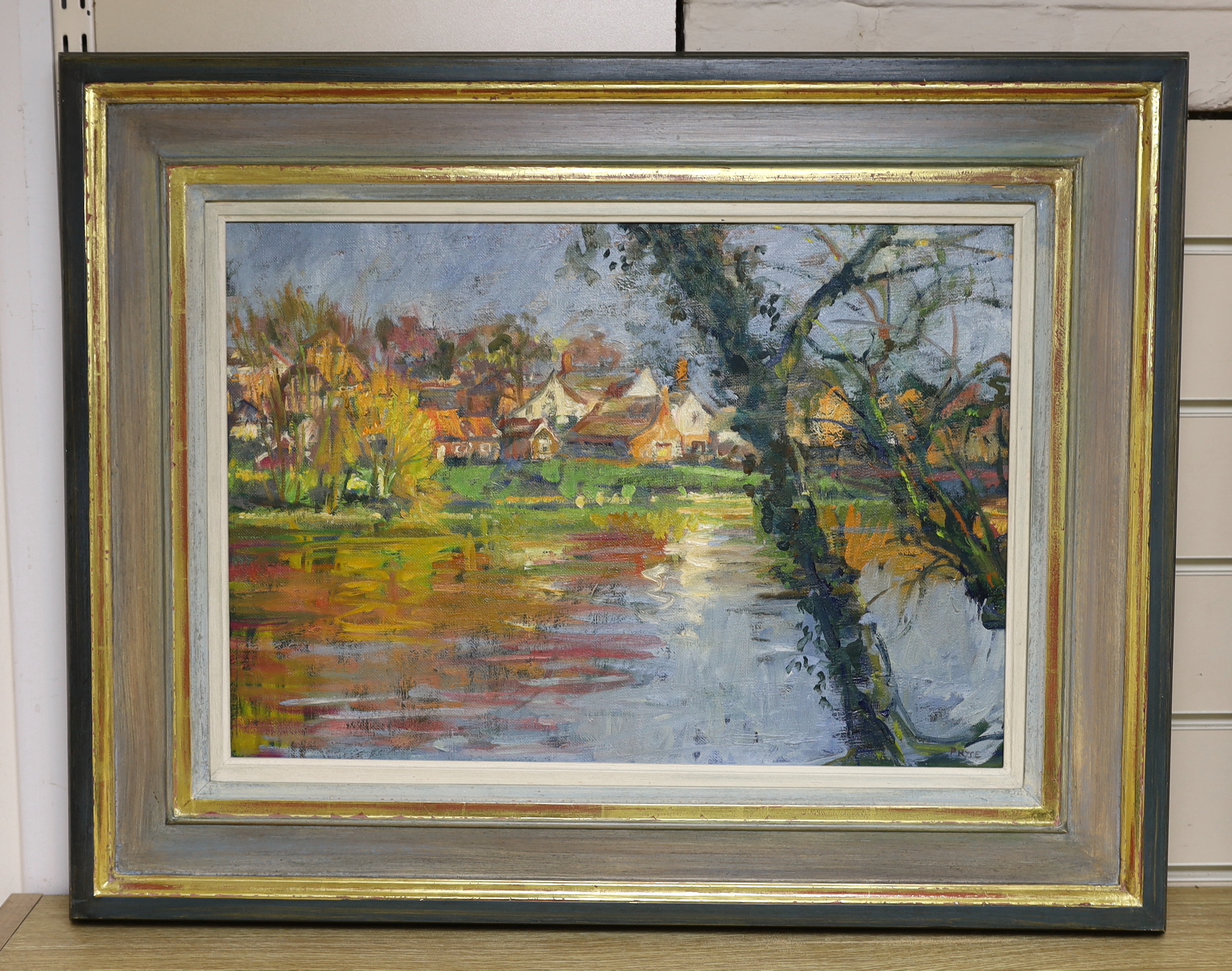 Tessa Spencer Pryse RBA (b.1940), oil on canvas laid onto board, 'The Pond in April, Sussex', signed, label verso, 46cm x 32cm